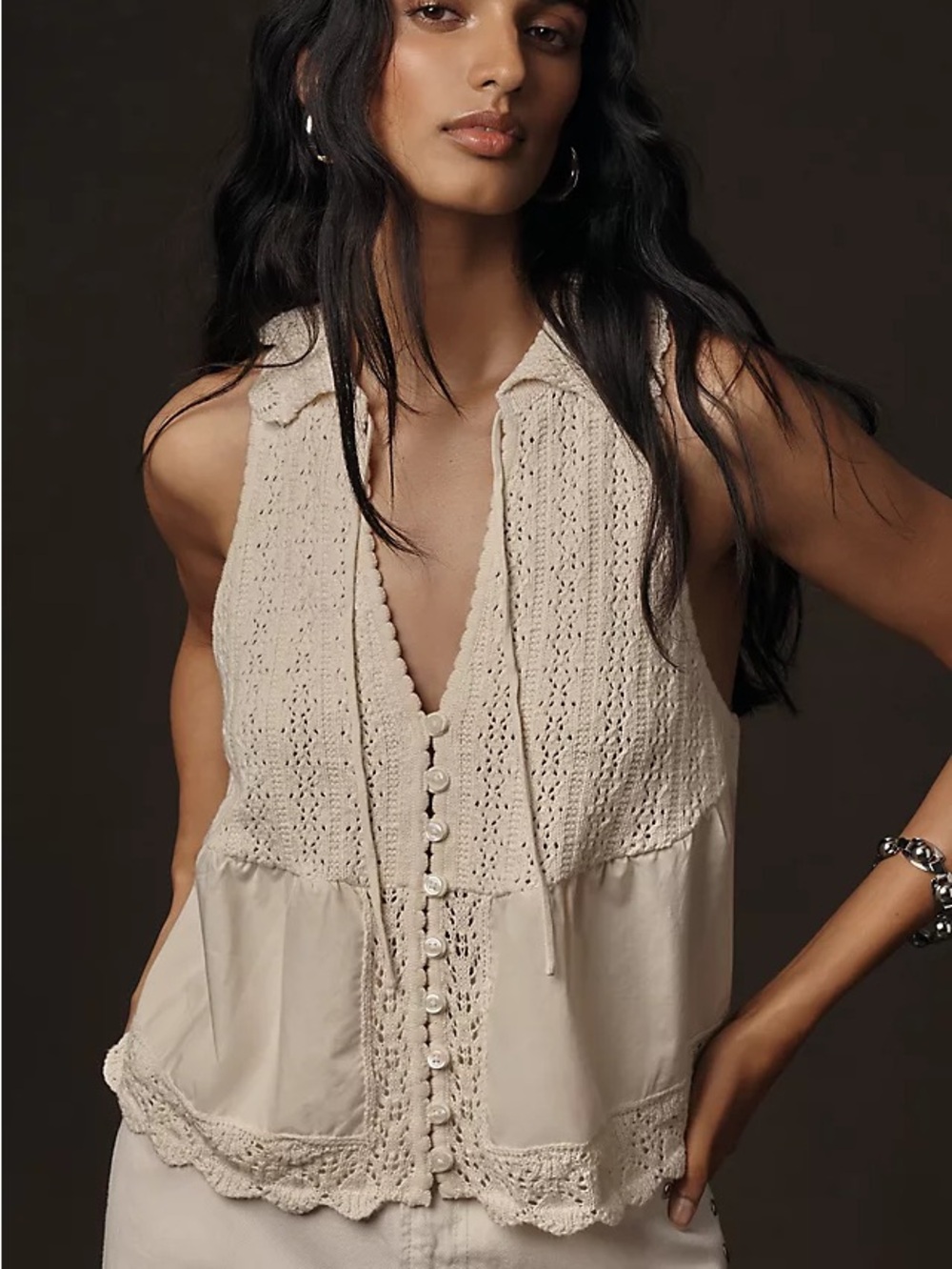 Anthropologie Cream Crochet Hooded Peplum Tank